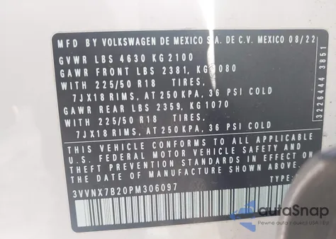 2023 Volkswagen Taos 1.5T Se из США, поврежденный, VIN 3VVNX7B20PM306097